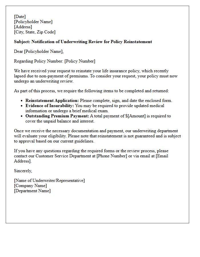 Underwriting Review Life Insurance Reinstatement Letter