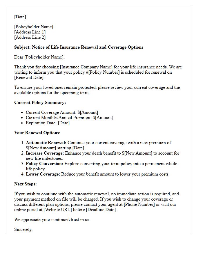 Life Insurance Coverage Options And Renewal Letter