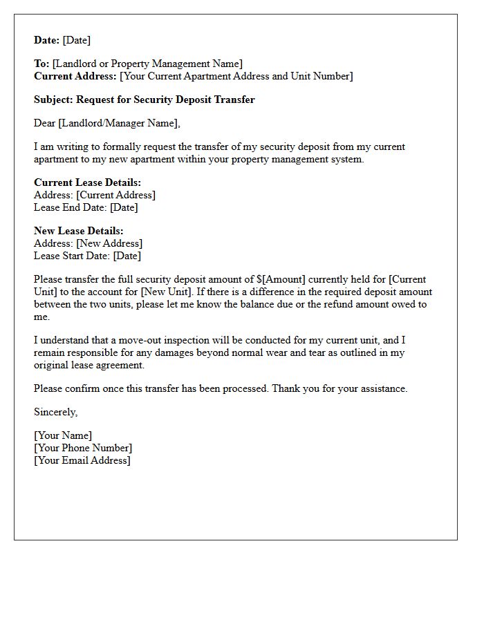 Change of Apartment Security Deposit Transfer Letter