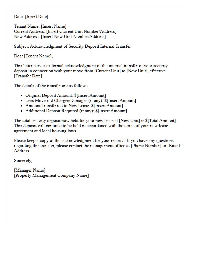 Internal Transfer Security Deposit Acknowledgment Letter