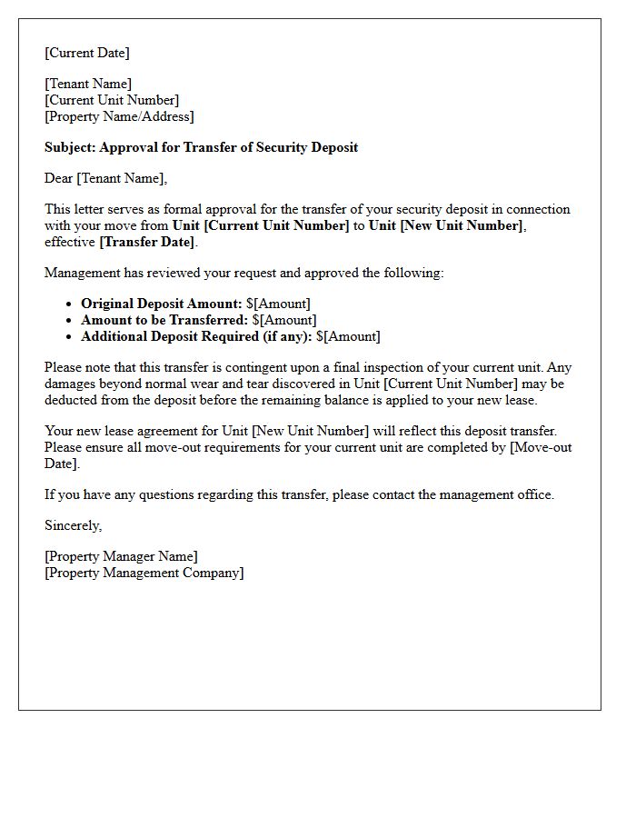 Letter of Approval for Deposit Move to New Unit
