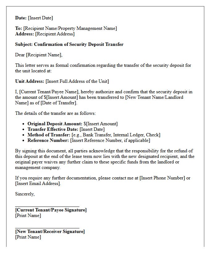 Letter of Confirmation for Unit Deposit Transfer