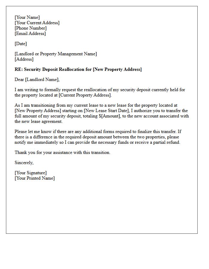 Letter of Security Deposit Reallocation for New Lease