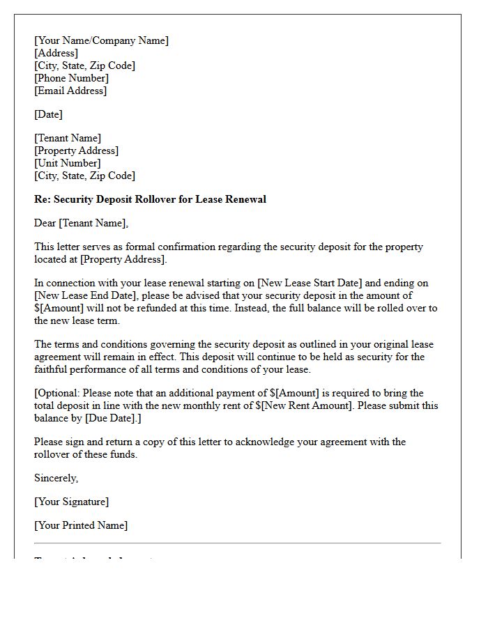 Letter Regarding Security Deposit Rollover
