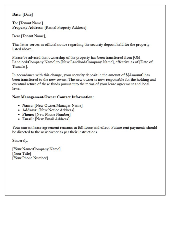 Notice Letter for Security Deposit Balance Transfer
