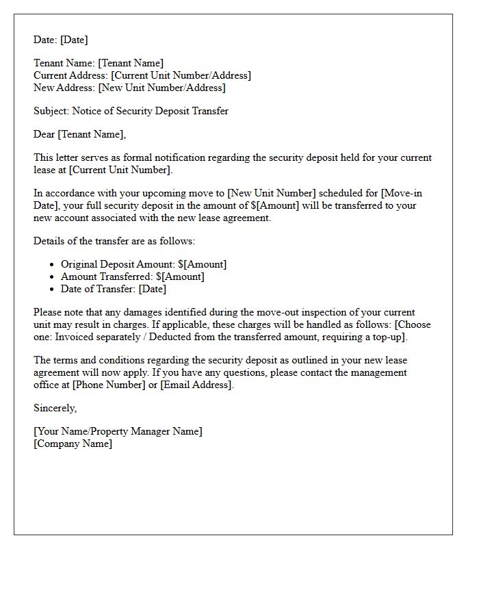 Notice of Security Deposit Transfer to New Unit Letter