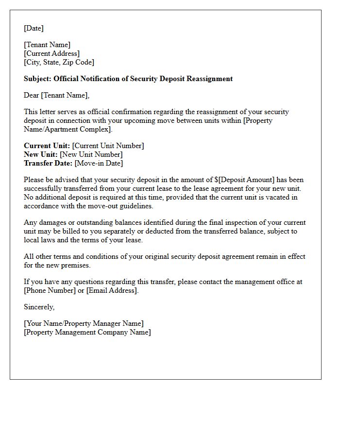 Official Letter of Deposit Reassignment to New Unit