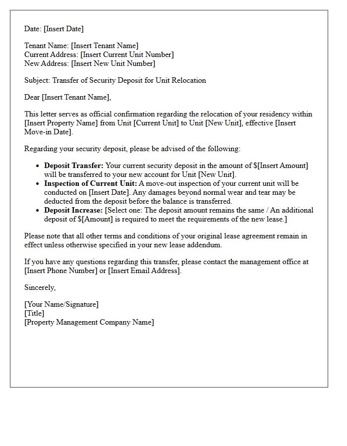 Property Management Letter for Unit Deposit Relocation