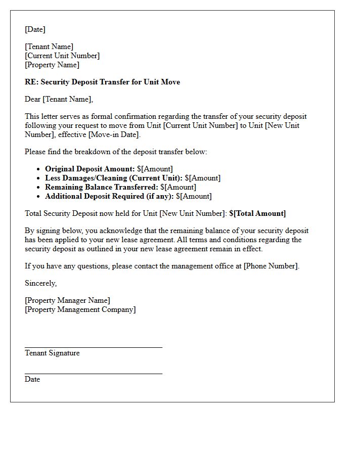 Property Management Unit Transfer Deposit Letter