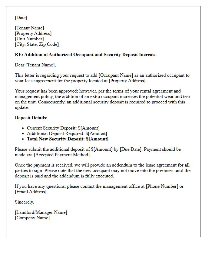 Authorized Occupant Addition Deposit Request Letter