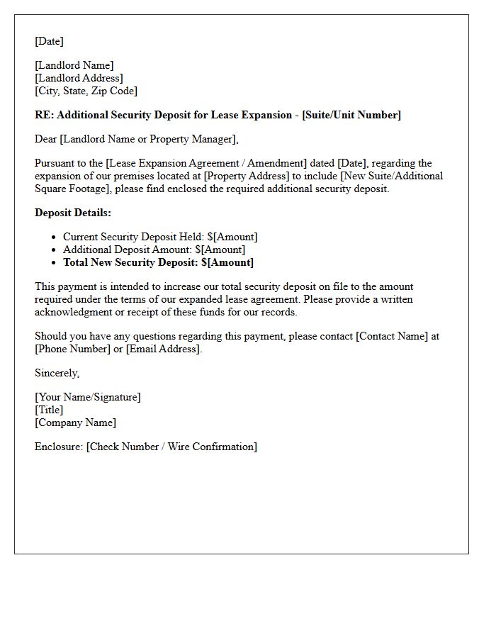 Commercial Lease Expansion Additional Deposit Letter