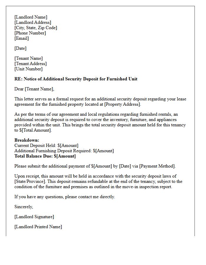 Furnished Apartment Additional Security Deposit Letter