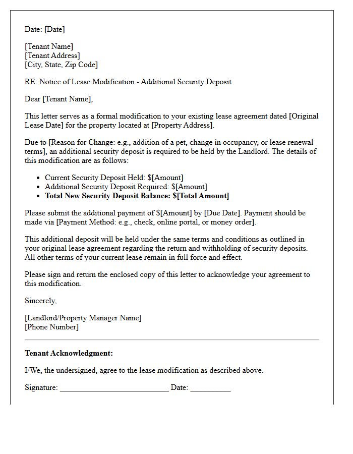 Lease Modification Additional Security Deposit Letter