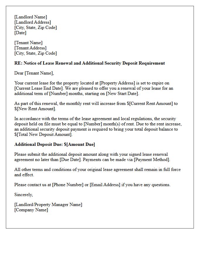 Lease Renewal Additional Security Deposit Letter