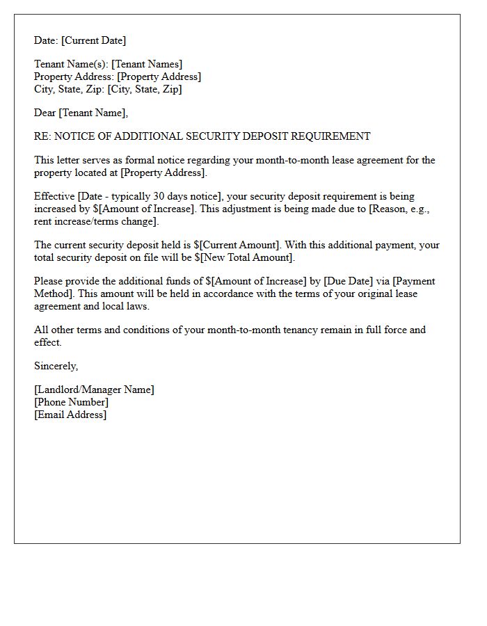 Month-to-Month Lease Additional Security Deposit Letter