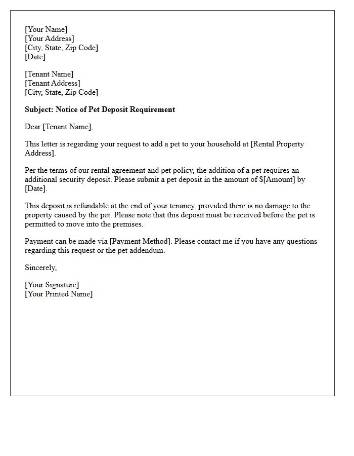 Pet Addition Security Deposit Request Letter