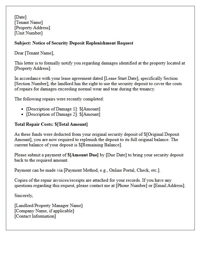 Property Damage Deposit Replenishment Request Letter