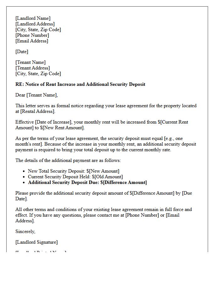 Rent Increase Additional Security Deposit Request Letter