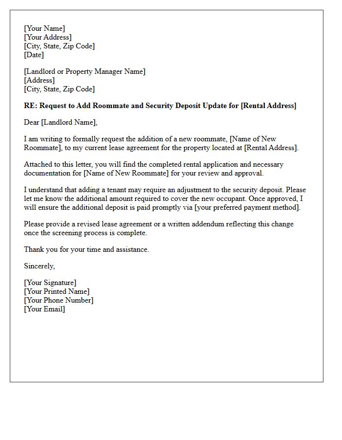 Roommate Addition Security Deposit Request Letter