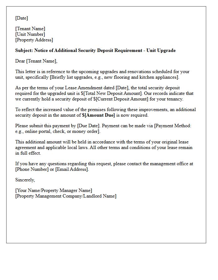 Unit Upgrade Additional Security Deposit Request Letter