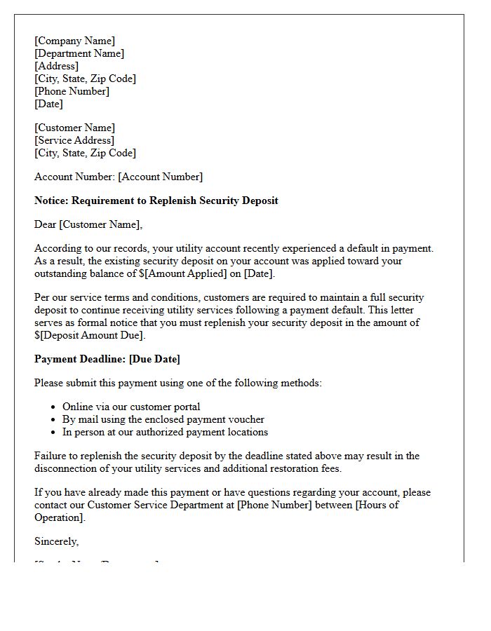 Utility Default Security Deposit Replenishment Letter