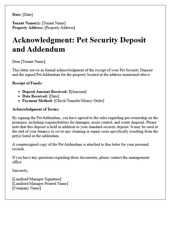 Acknowledgment Letter for Pet Security Deposit Addendum and Receipt