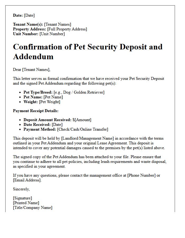 Confirmation Letter for Pet Security Deposit Addendum and Receipt