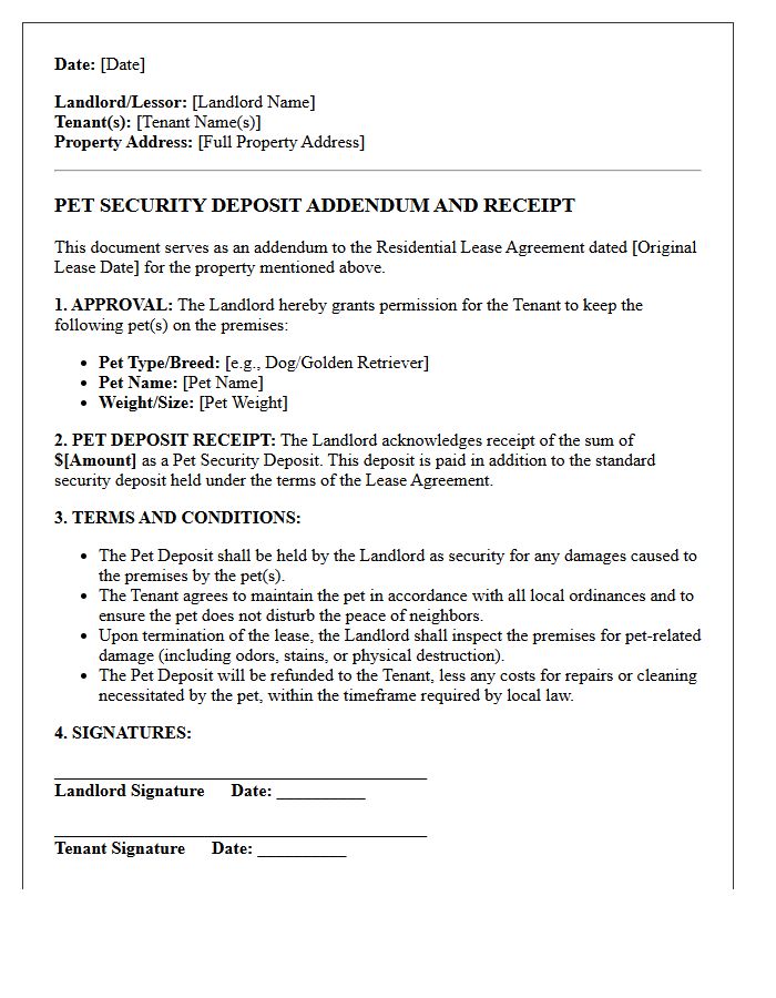 Landlord Approval Letter for Pet Security Deposit Addendum and Receipt