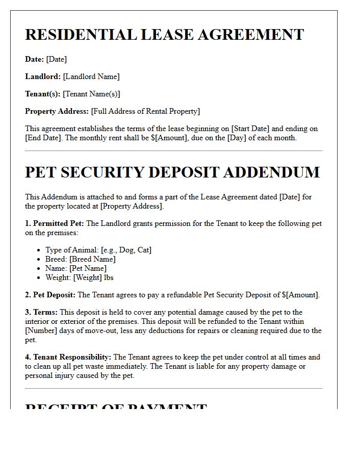 Lease Agreement Letter with Pet Security Deposit Addendum and Receipt