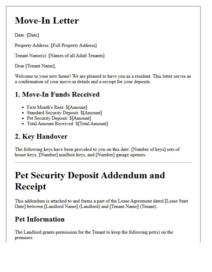 Move-In Letter Including Pet Security Deposit Addendum and Receipt