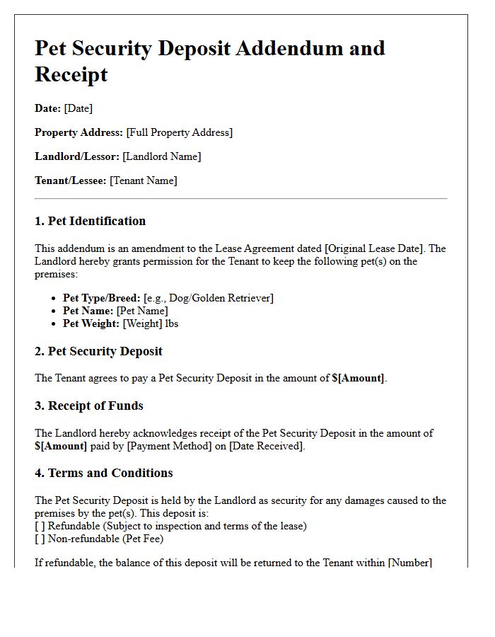 Notice Letter of Pet Security Deposit Addendum and Receipt