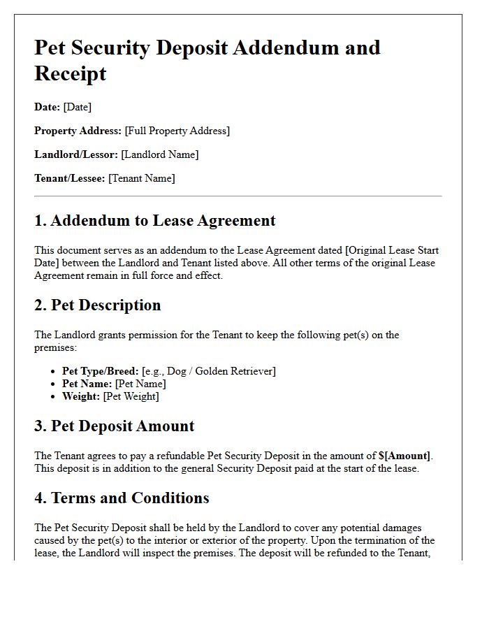 Official Letter for Pet Security Deposit Addendum and Receipt