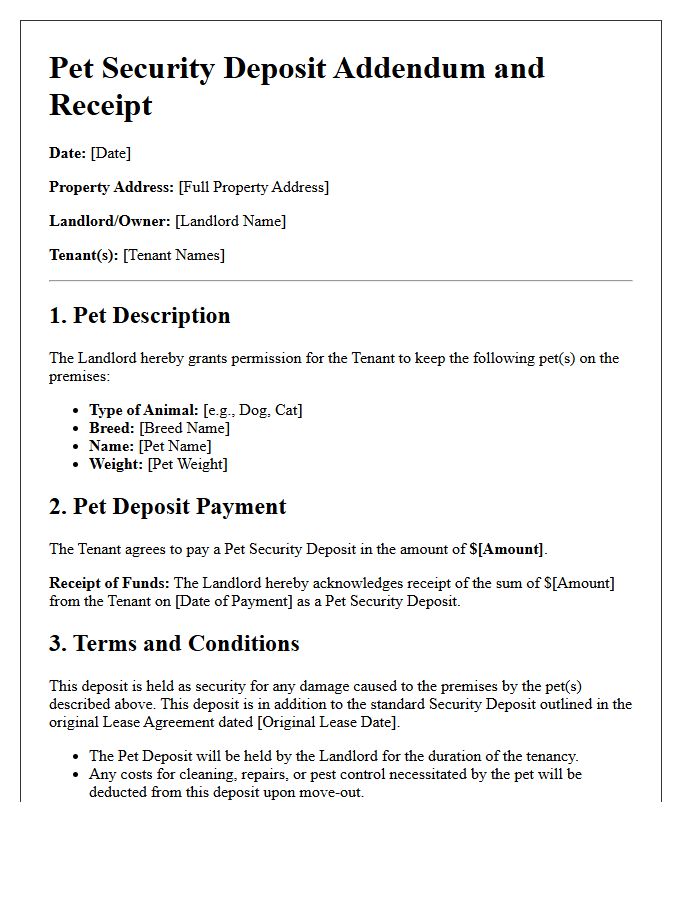 Pet Security Deposit Addendum and Receipt Letter