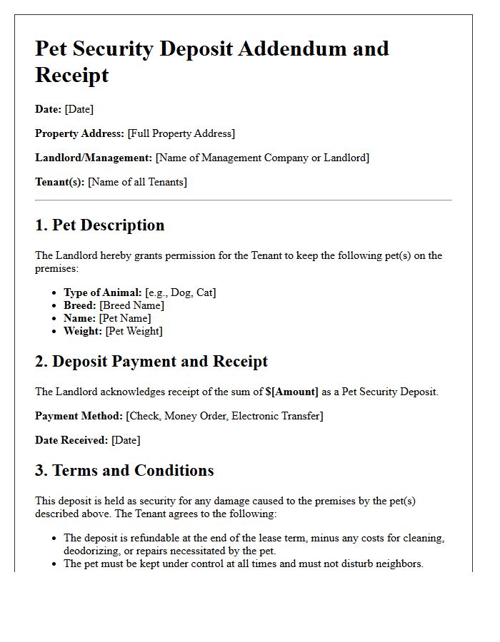 Property Management Letter for Pet Security Deposit Addendum and Receipt