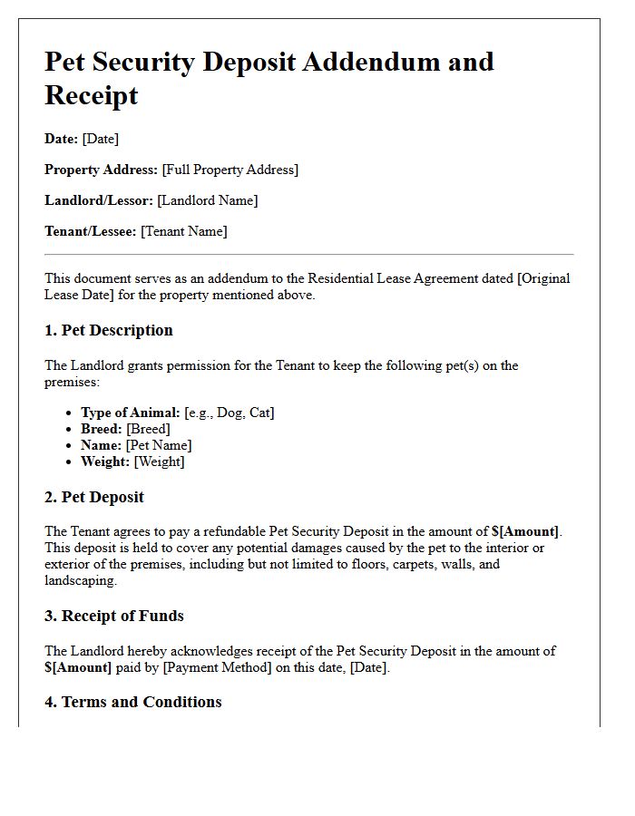 Residential Lease Letter for Pet Security Deposit Addendum and Receipt