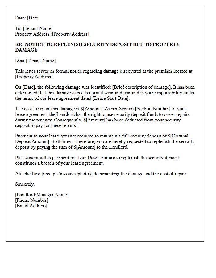 Demand Letter to Replenish Security Deposit for Property Damage
