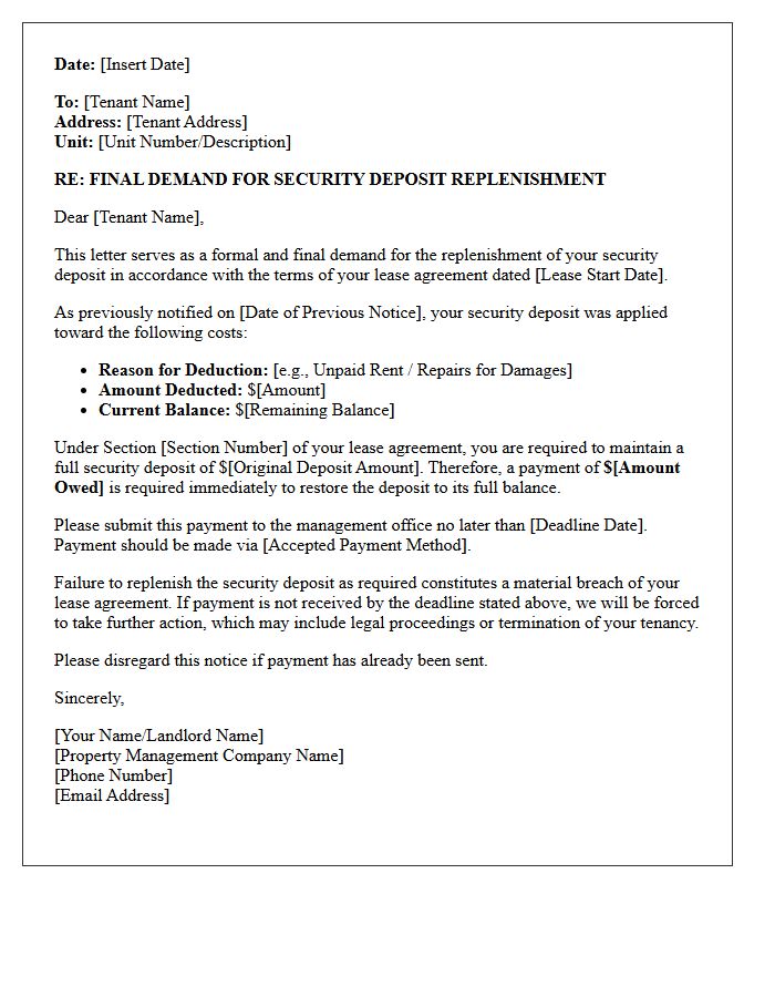 Final Demand Letter for Security Deposit Replenishment