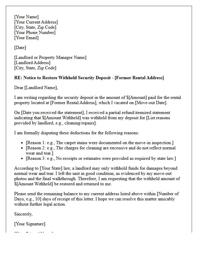 First Notice Letter to Restore Withheld Security Deposit Funds