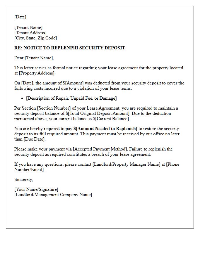 Lease Violation Letter to Replenish Depleted Security Deposit