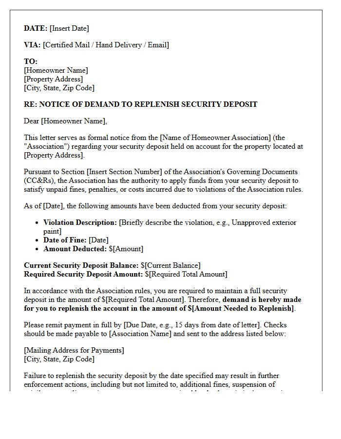 Letter of Demand to Replenish Security Deposit for Homeowner Association Fines