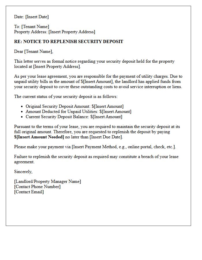 Notice Letter to Replenish Security Deposit Following Unpaid Utilities