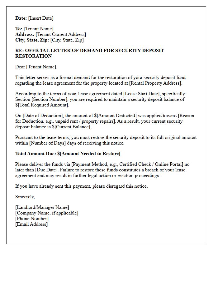 Official Letter of Demand for Security Deposit Fund Restoration