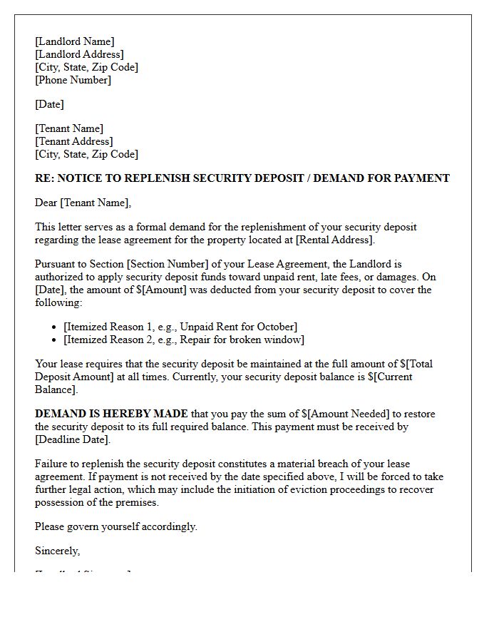 Pre-Eviction Demand Letter for Security Deposit Replenishment
