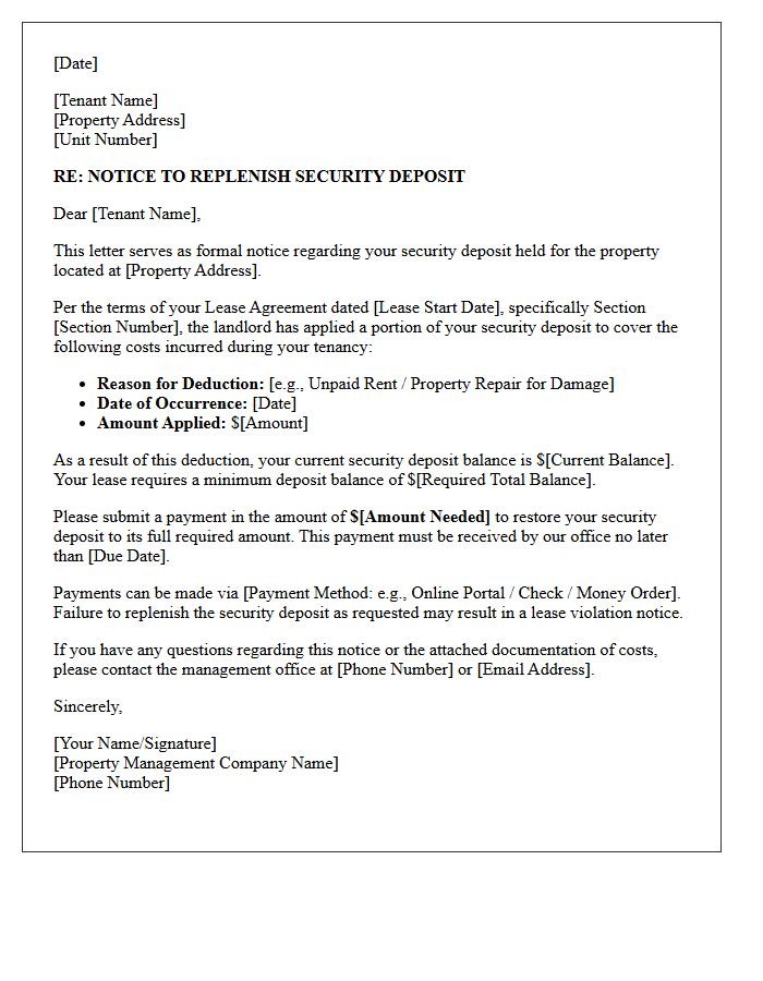 Property Management Letter Demanding Security Deposit Replenishment