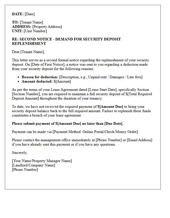 Second Notice Letter Demanding Security Deposit Fund Replenishment