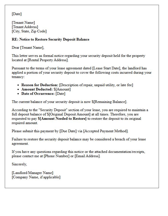 Tenant Notification Letter to Restore Withheld Security Deposit Balance