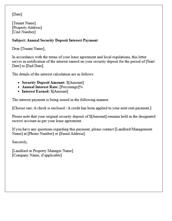 Annual Security Deposit Interest Payment Letter