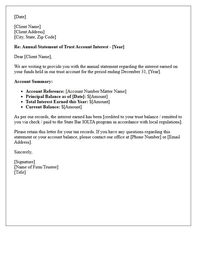 Annual Trust Account Deposit Interest Letter