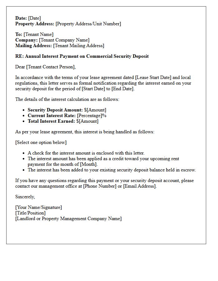 Commercial Security Deposit Interest Payment Letter