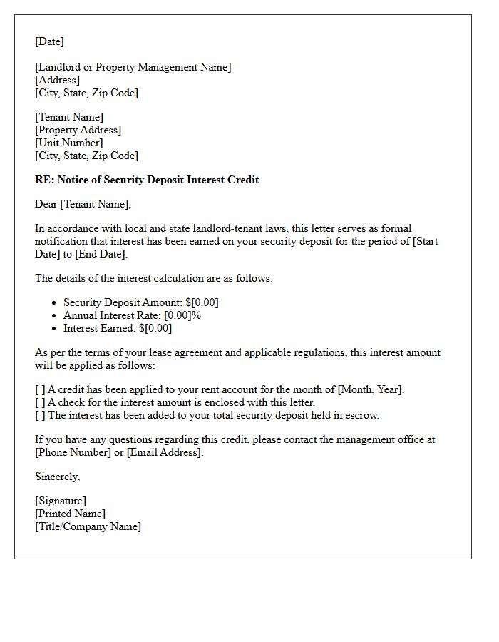 Residential Security Deposit Interest Credit Letter